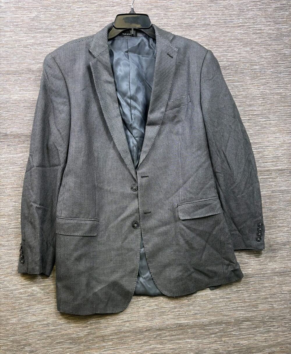 Calvin Klein Silk Blazer Jacket Mens 40L Gray Black Houndstooth Two Button Macys